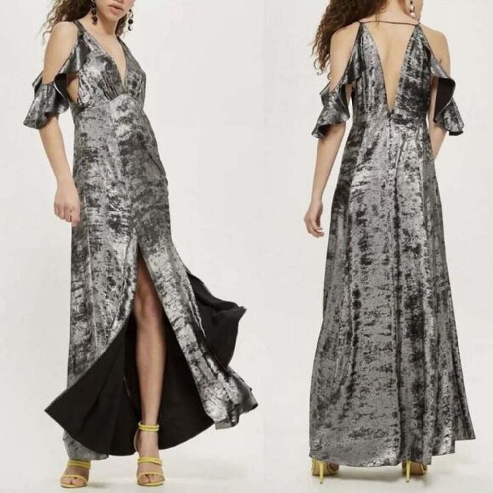TOPSHOP Metallic Silver Foil Maxi Dress Gown Size 4 Strappy Slit Sexy Low‎ Cut